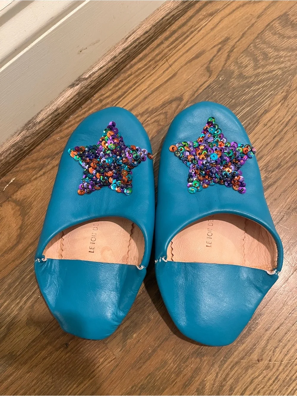 Le Toit De La Lune Paris Size 30 Handmade Leather Slippers Aqua Blue Sequin Star